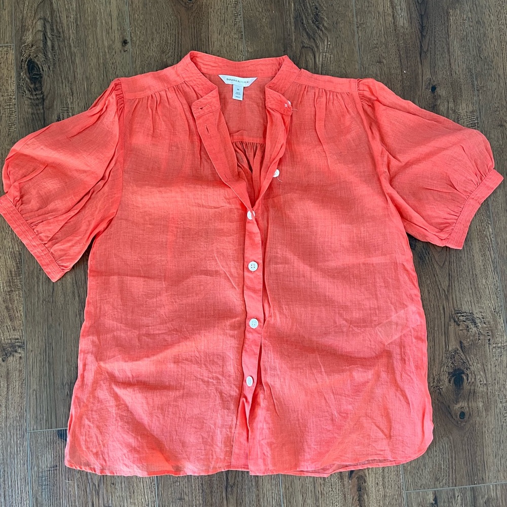 Banana Republic Pink Mandarin Collar Puff Sleeve Blouse